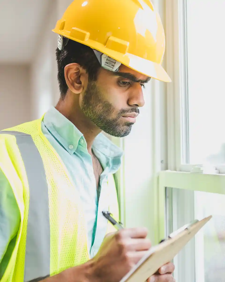 Inspector in a hard hat taking notes by a window