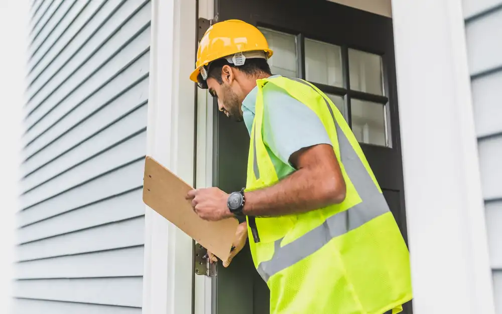 Inspector in a safety vest examining the inside of a home