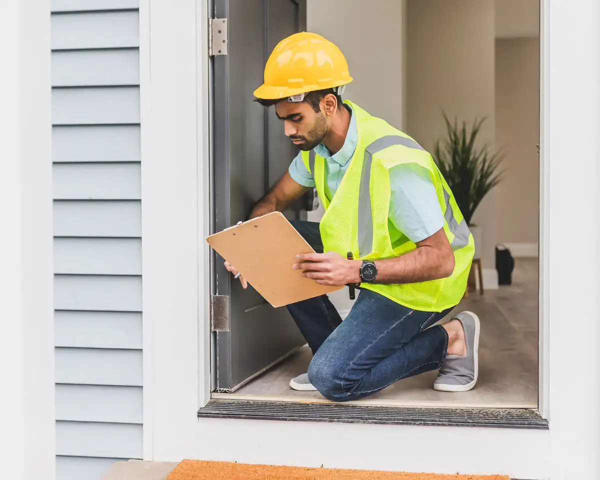 Inspector with a clipboard checking a home during an HVAC inspection