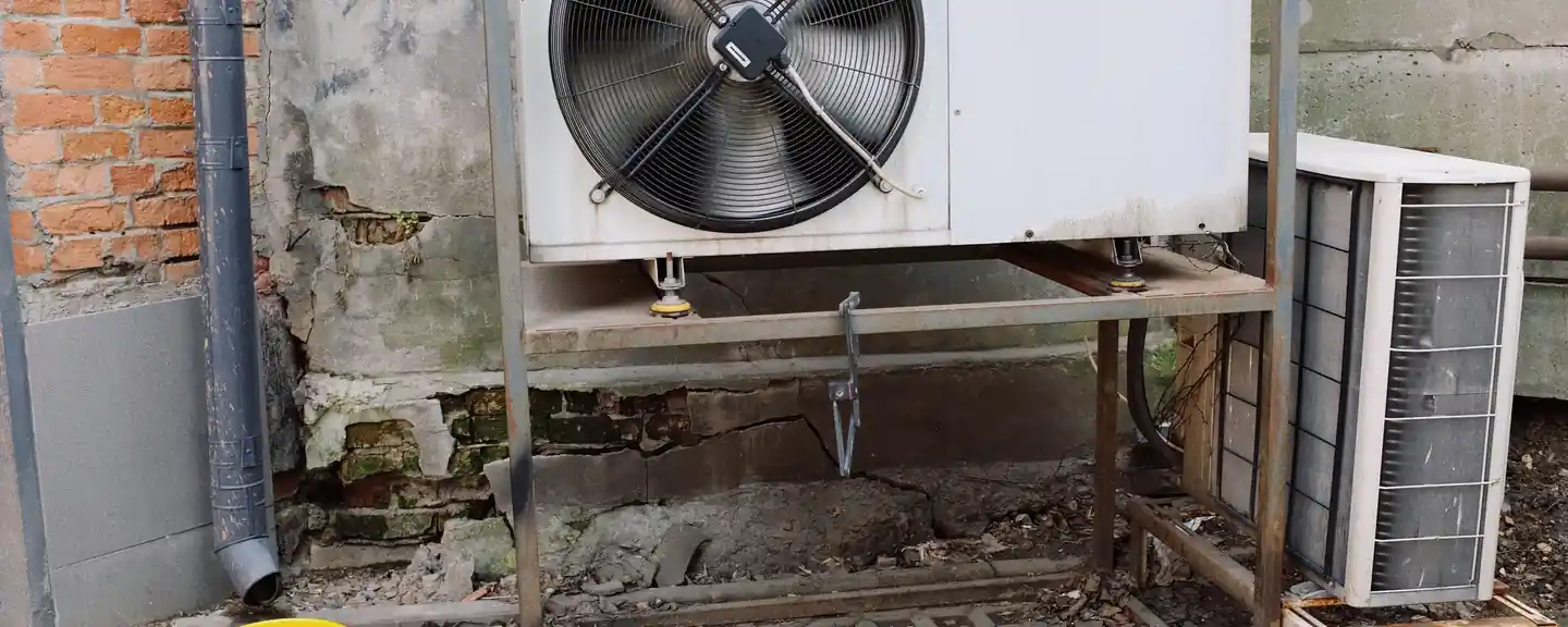 Outdoor air conditioner unit on a metal platform near a building wall