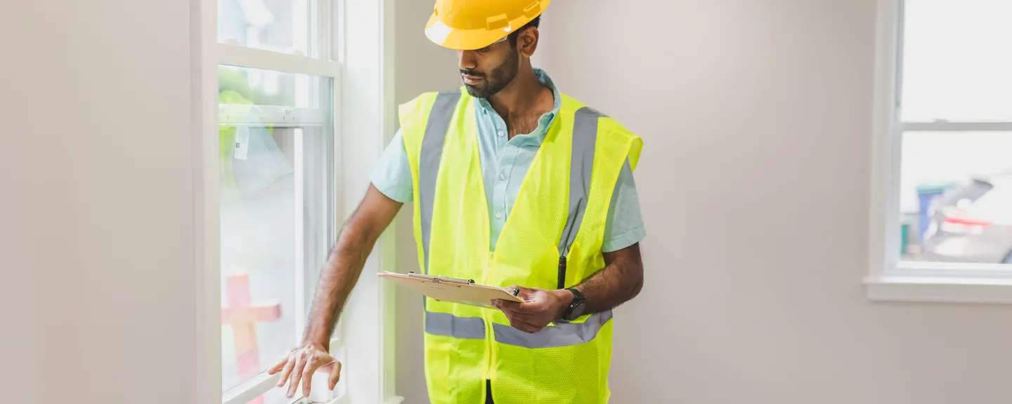 Inspector examining a window indoors