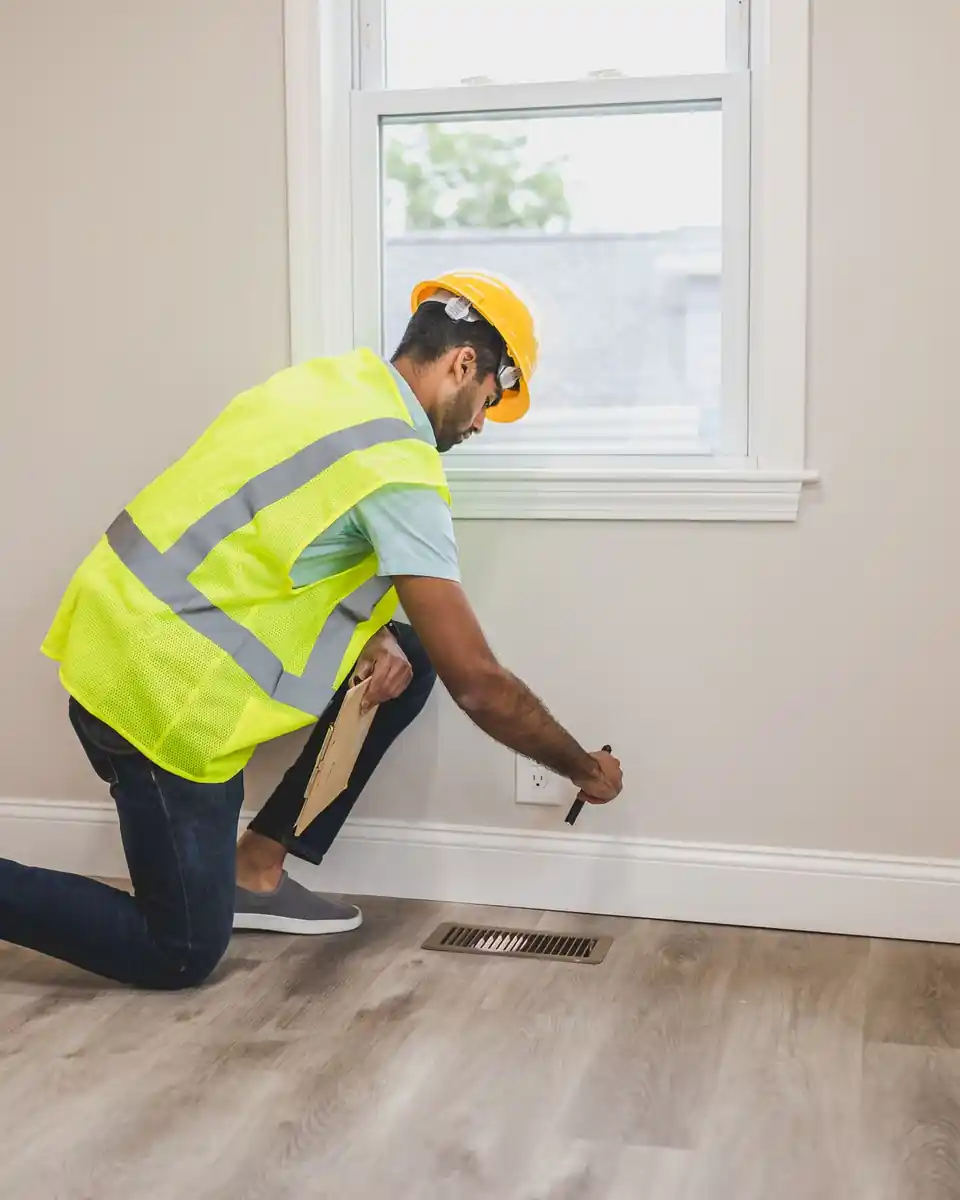 Inspector checking an indoor floor vent during an HVAC inspection